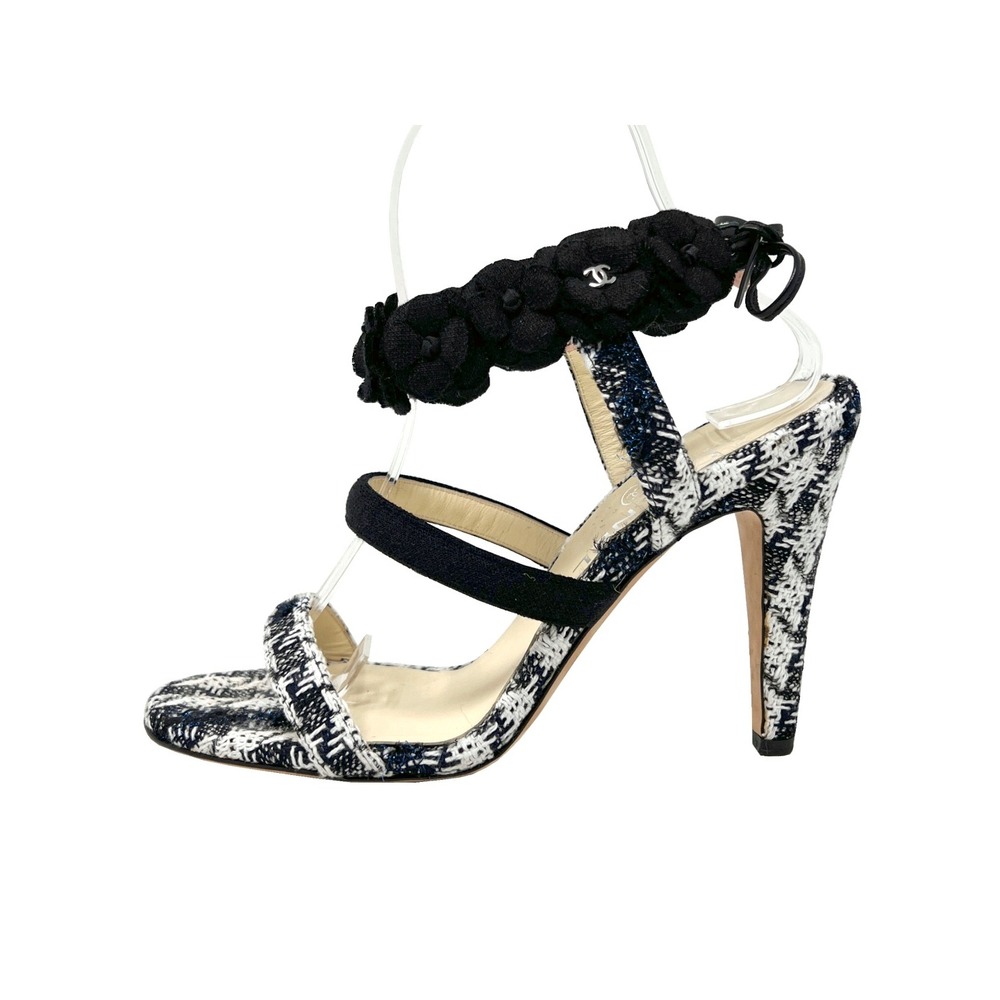 Chanel Tweed Camellia CC Pumps Black White Heels 37.5